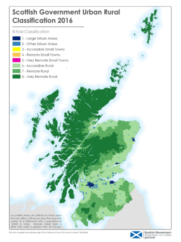 map of Scotland with rural areas in green